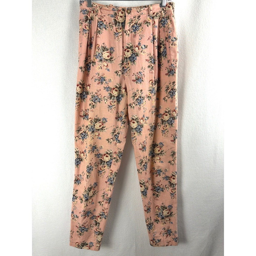 VTG Breeches Floral Linen Cotton Pants Pink Tapered Pleated Trousers Size 10